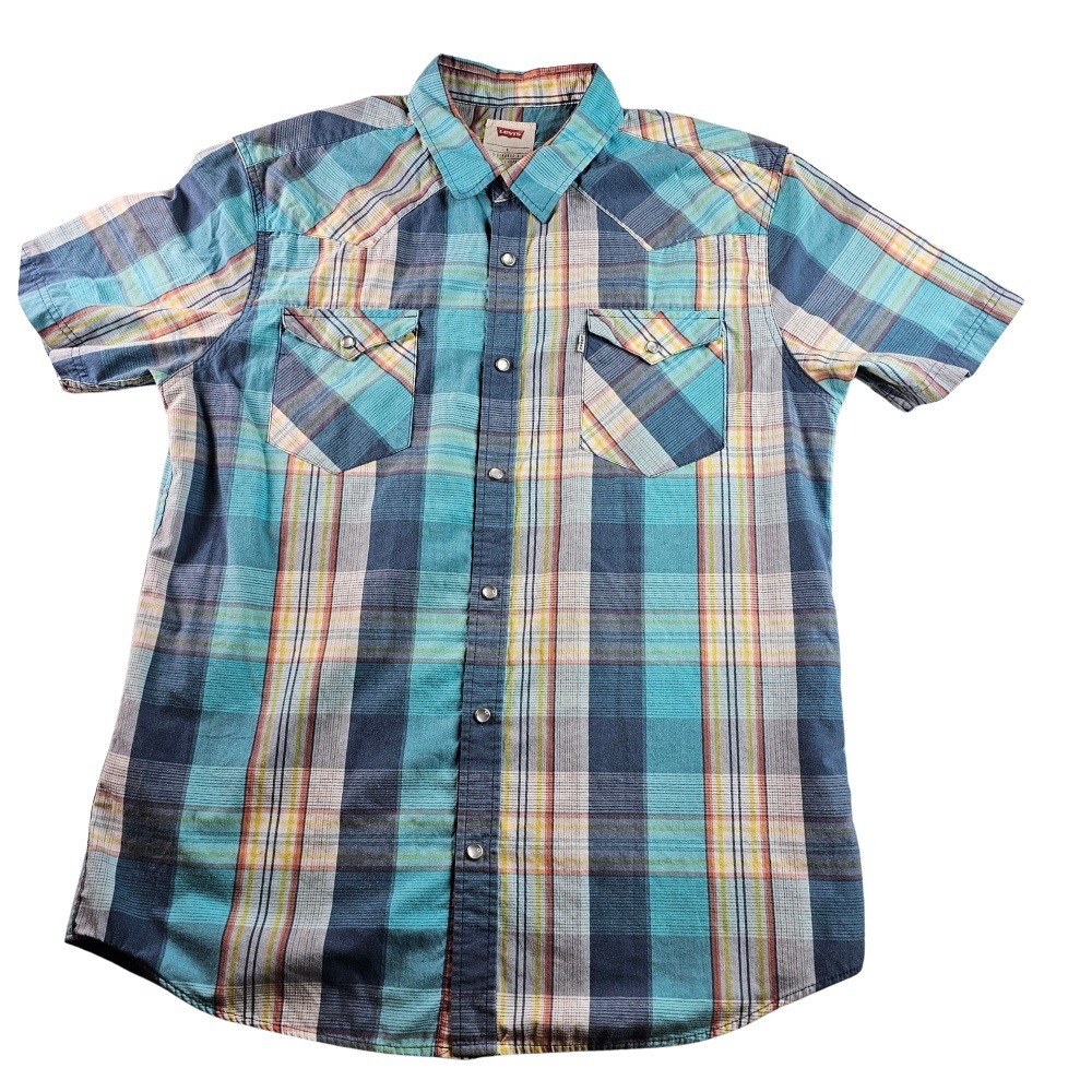Levi Strauss‎ & Co Plaid Pearl Snap Western Shirt Mens Size L Short Sleeve